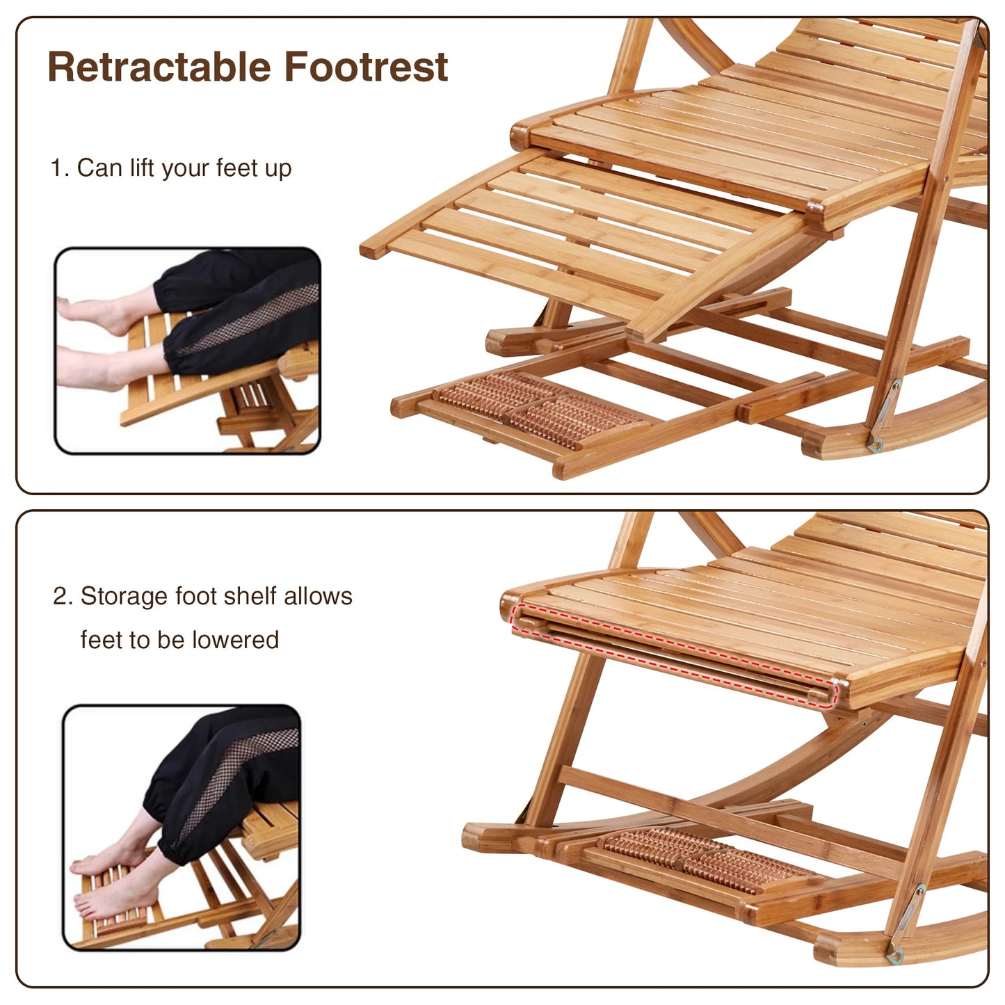 BINGOPAW Heavy Duty Bamboo Rocking Chair Adjustable Recliner