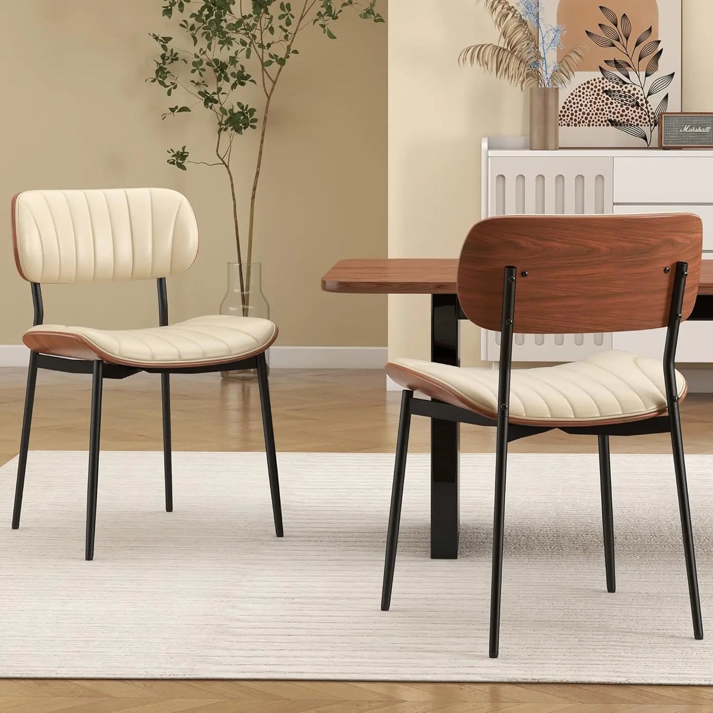Mid Century Modern Upholstered Dining Chairs With Walnut Bentwood Back