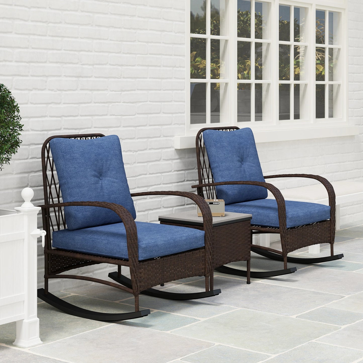 Outsunny Rattan Wicker Patio Rocking Chairs Coffee Table Set