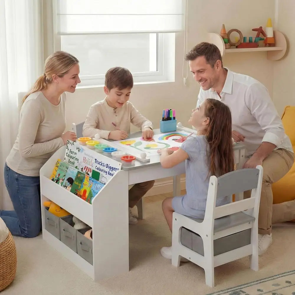Kids Art Activity Table Set With Two Chairs Bookshelves Storage