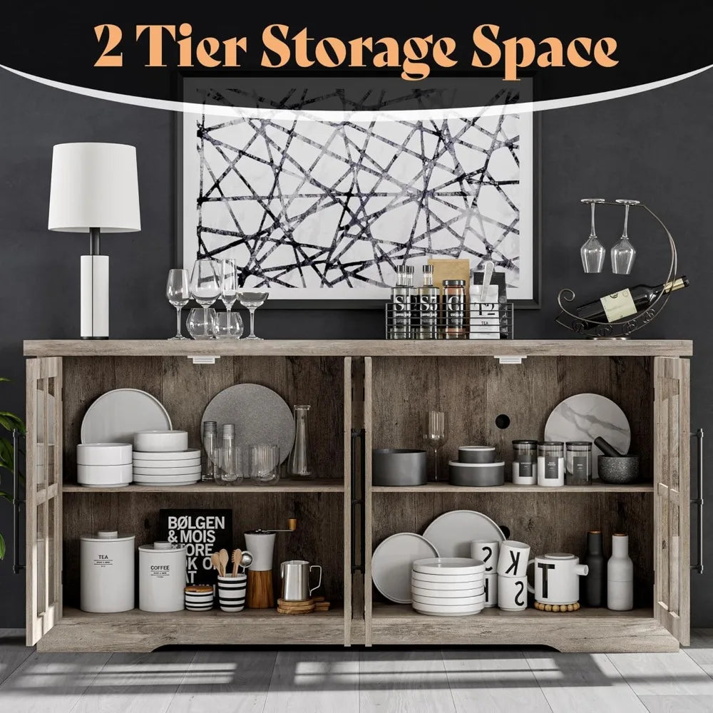 RBXC Farmhouse Buffet Sideboard Cabinet With Glass Doors And Adjustable Shelves