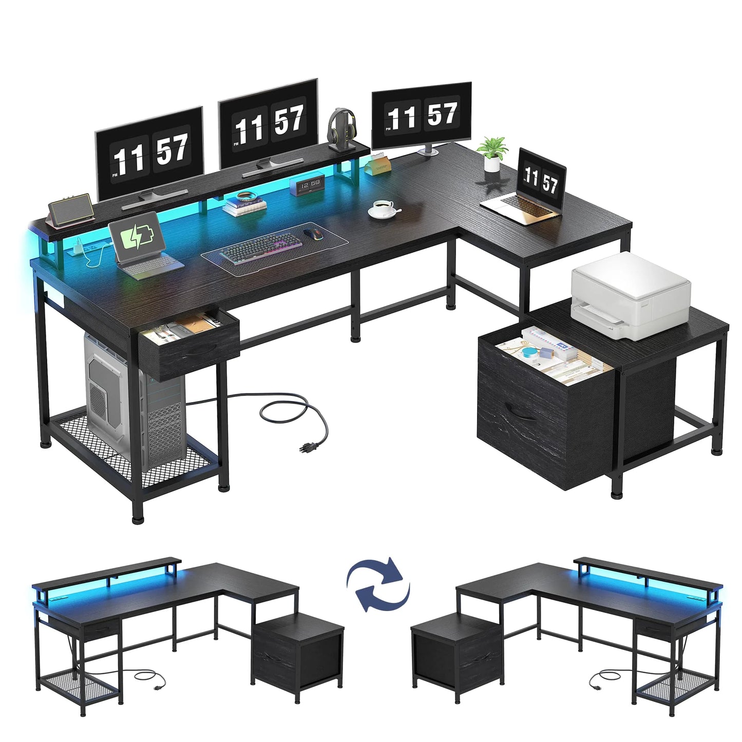EnHomee L Shaped Gaming Desk With Reversible Corner RGB Lighting