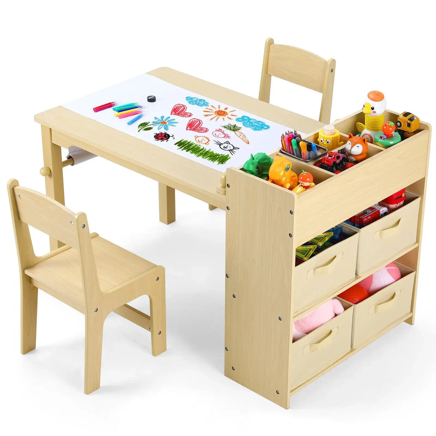AuAg Kids Art Table And Chair Set With Storage Shelves Canvas Bins