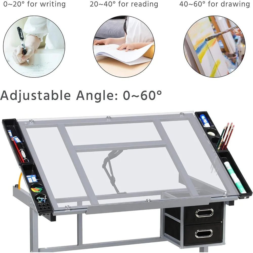 Adjustable Tempered Glass Drafting Table With Tilt Surface And Drawers