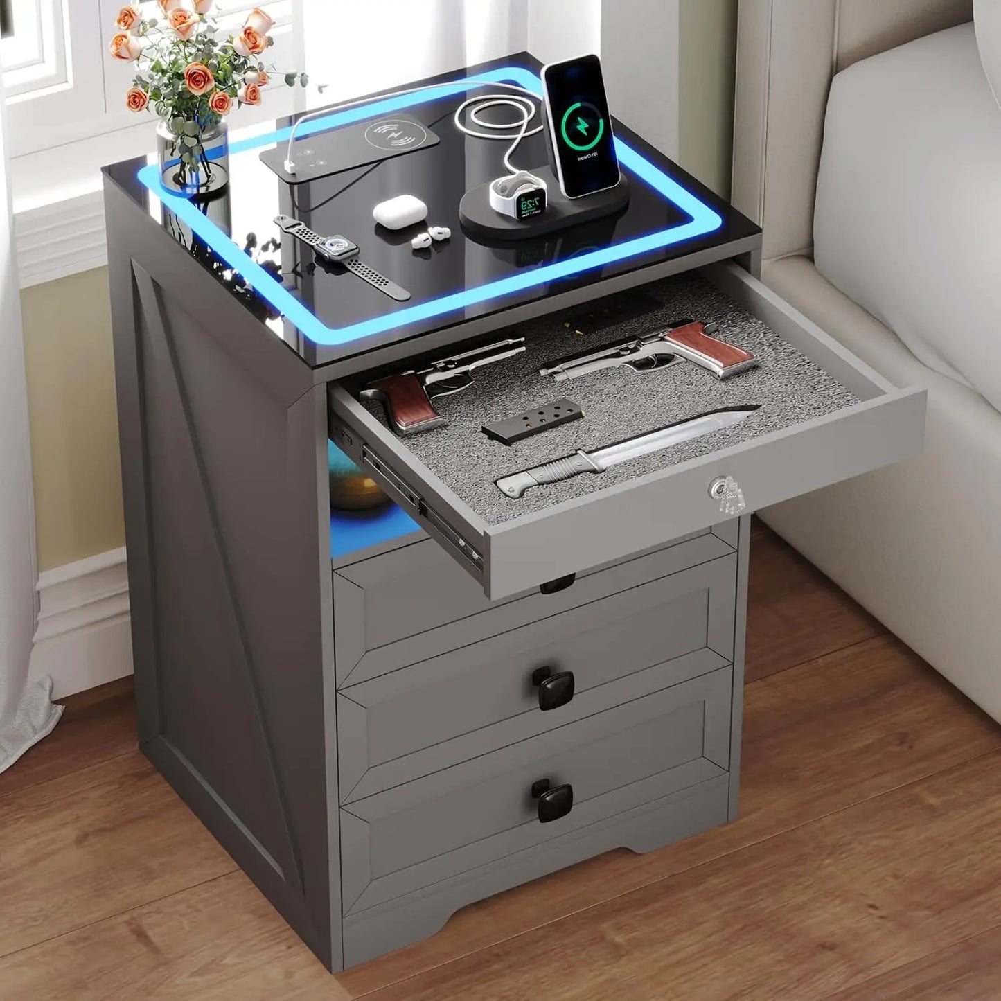 Minimalist Wooden Nightstand Set With Integrated Led Lights And Charger