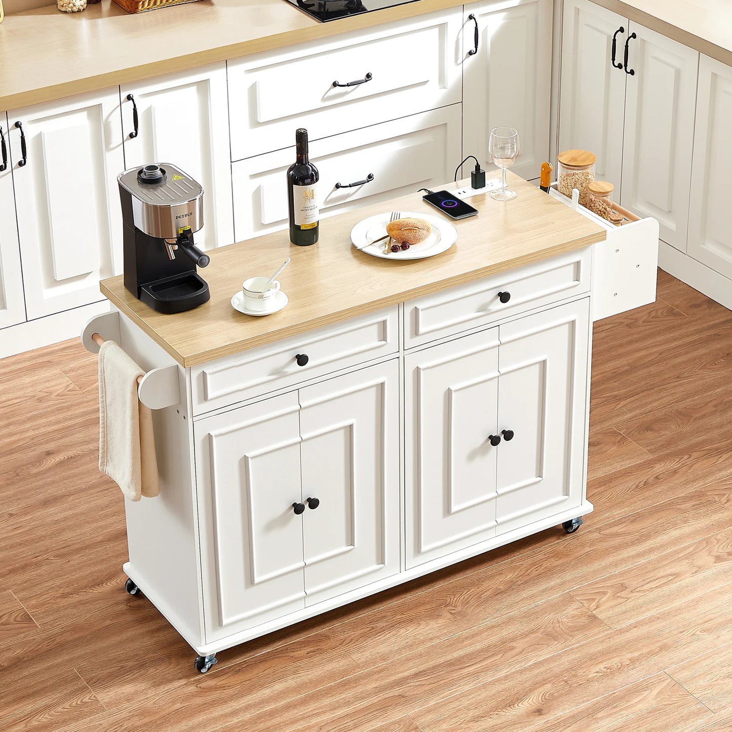 Mobile Wood Kitchen Island With Drop Leaf And Power Outlet
