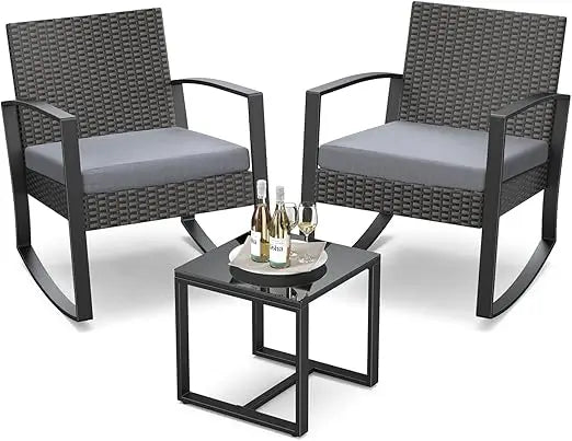 Outdoor Rattan Rocking Bistro Furniture Set With Coffee Table