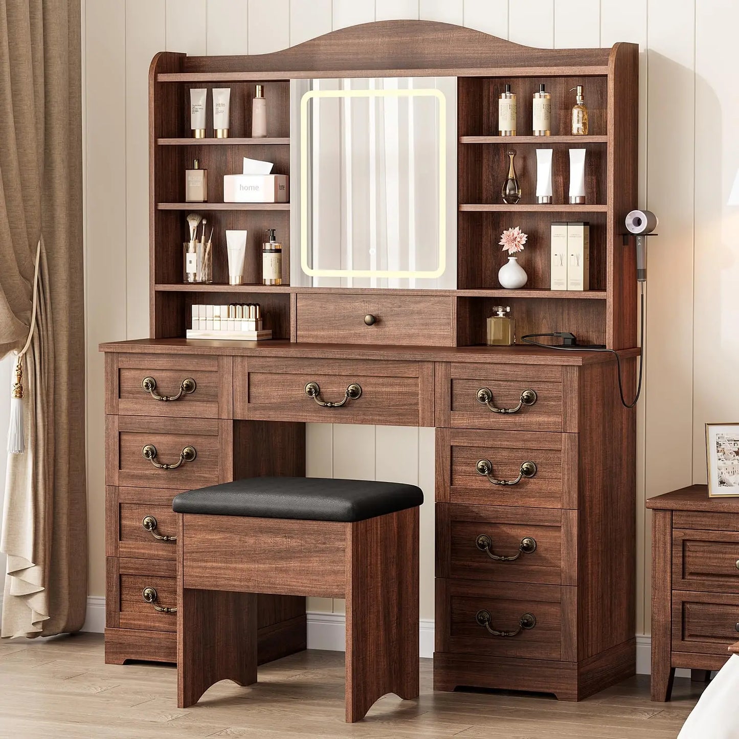 HiMISS Wooden Vanity Desk With Led Mirror And Storage Drawers