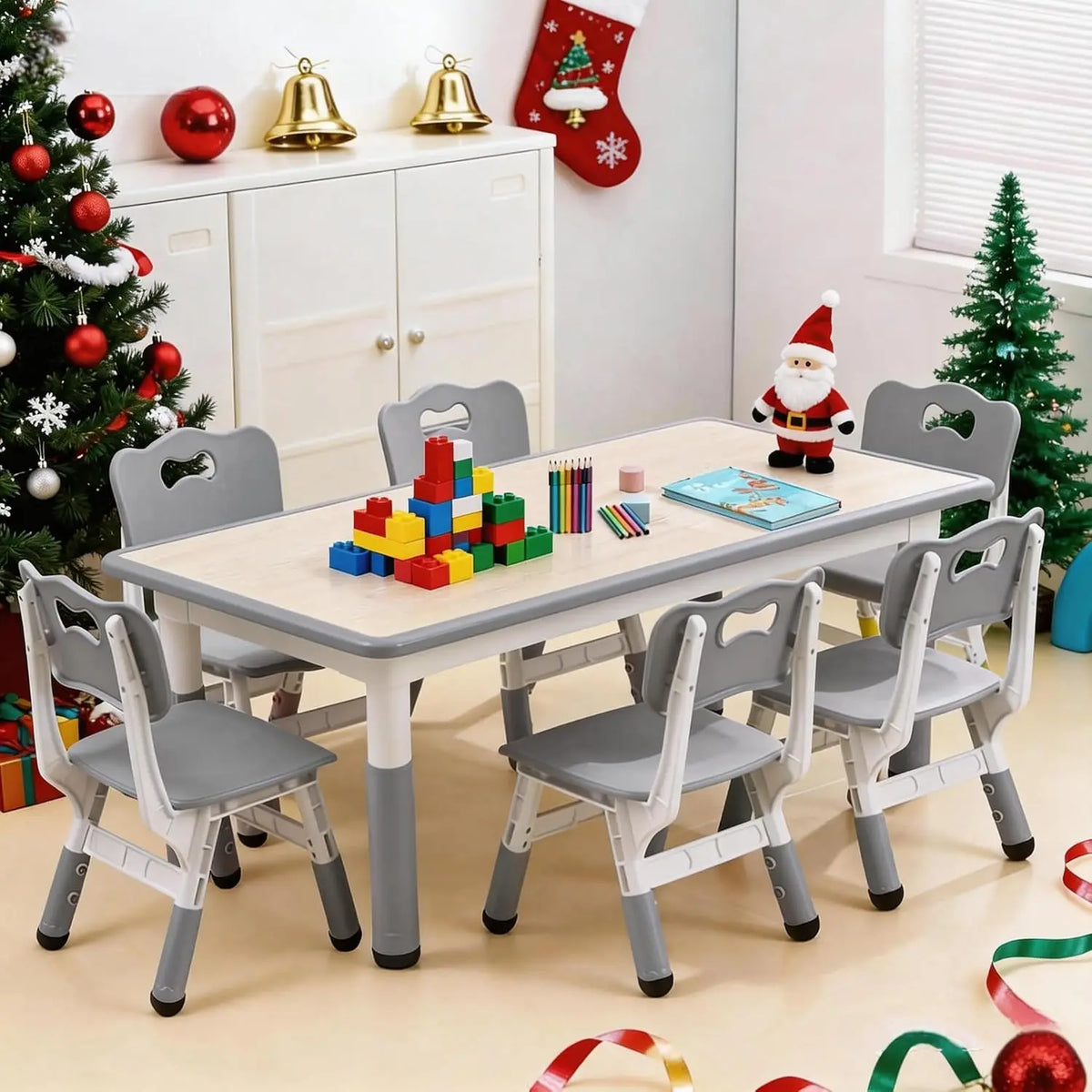 Tacleekii Modern Kids Table And Six Chair Set With Organizer