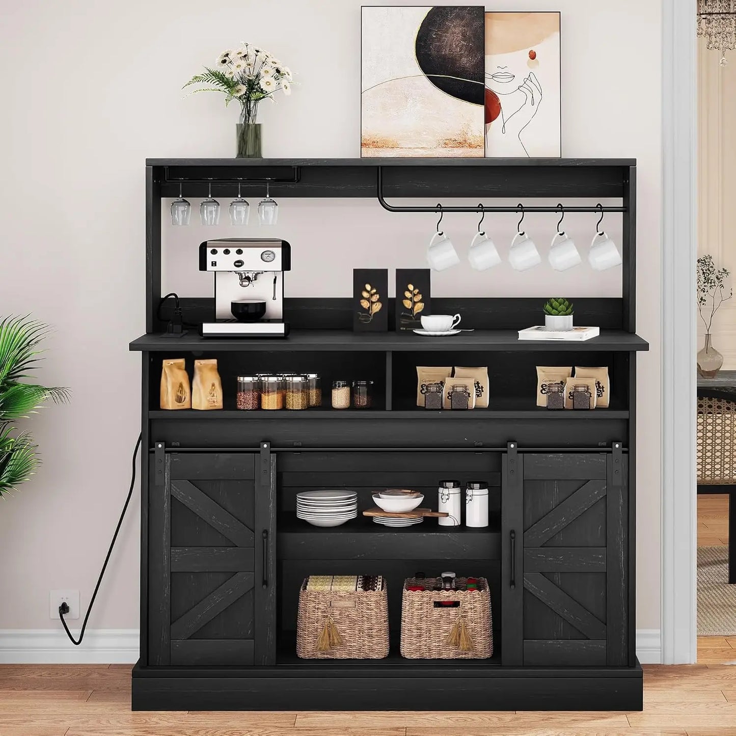 Buffet Cabinets Storage Farmhouse Coffee Bar Goblet Holder Power Outlet