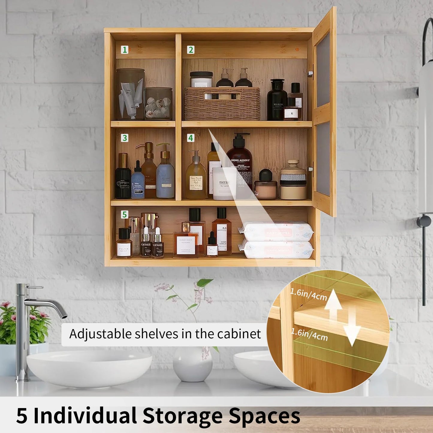 Wall Mounted Bamboo Bathroom Medicine Cabinet With Five Tier Storage