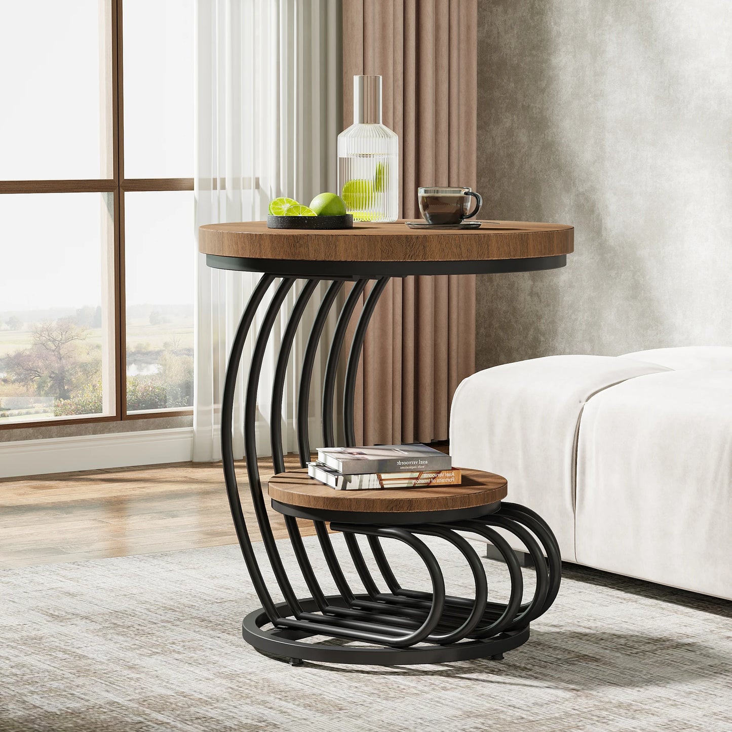Tribesigns Round End Table With Two Tier Faux Marble Storage