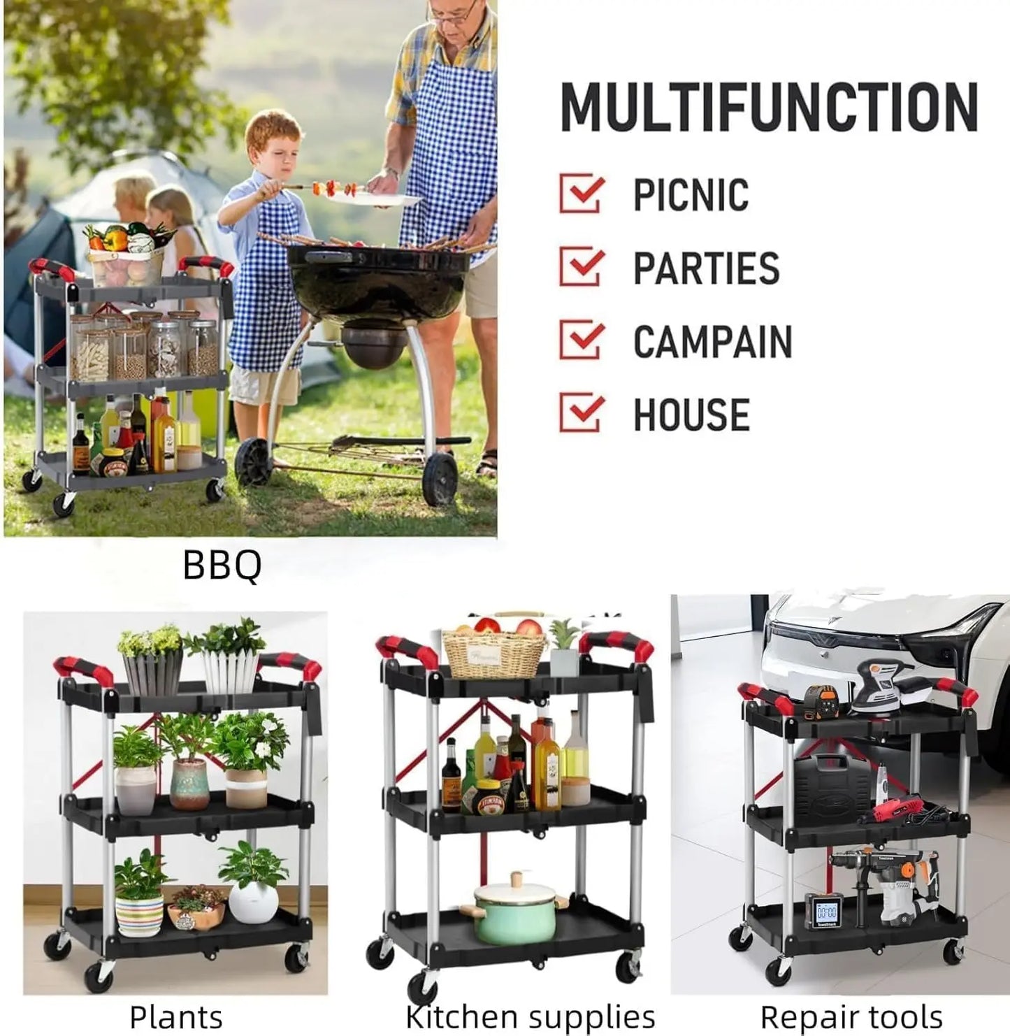 TWISTER.CK Three Tier Foldable Utility Rolling Cart With Locks