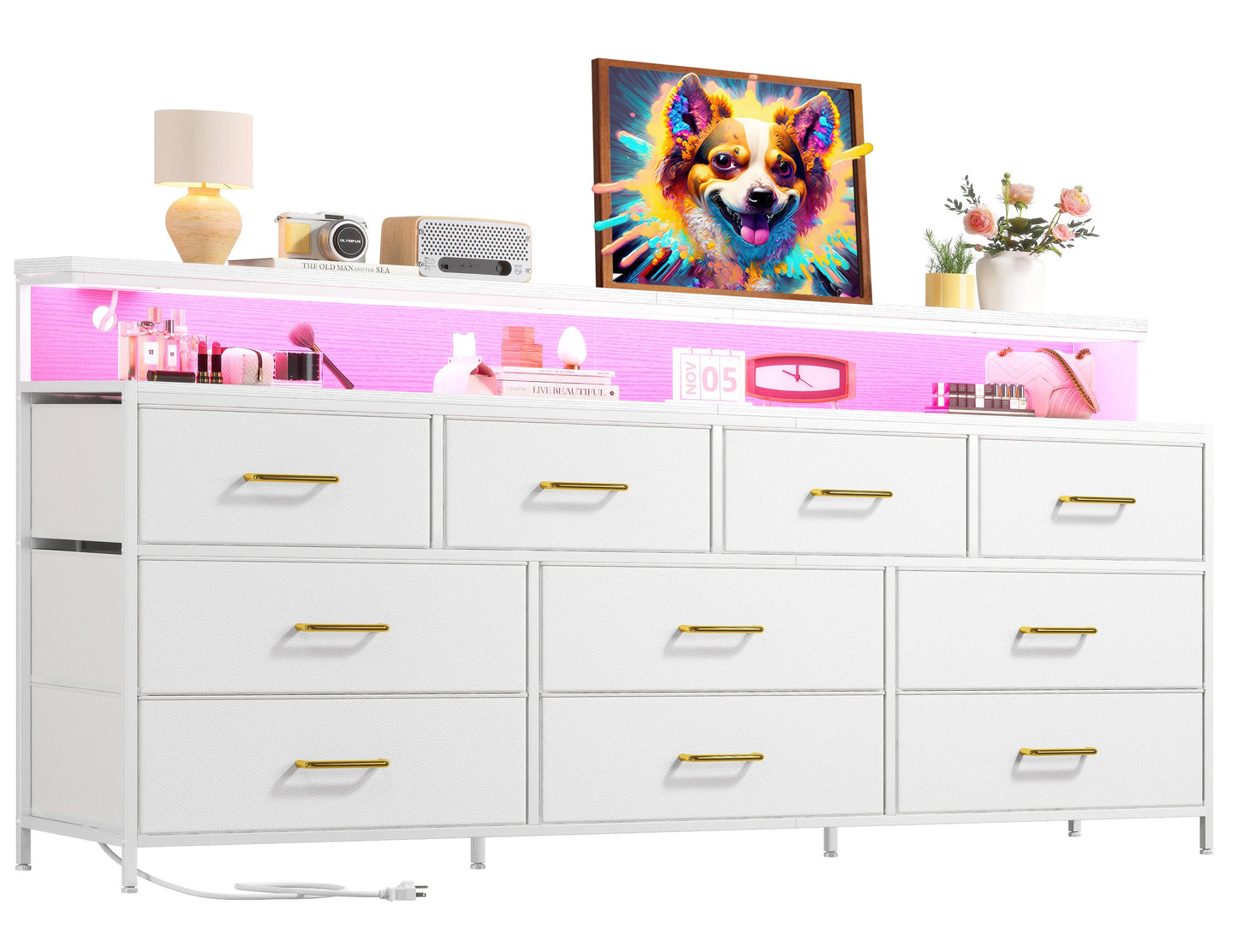 Smart Dresser with LED Lighting and Power Outlets, Metal Frame