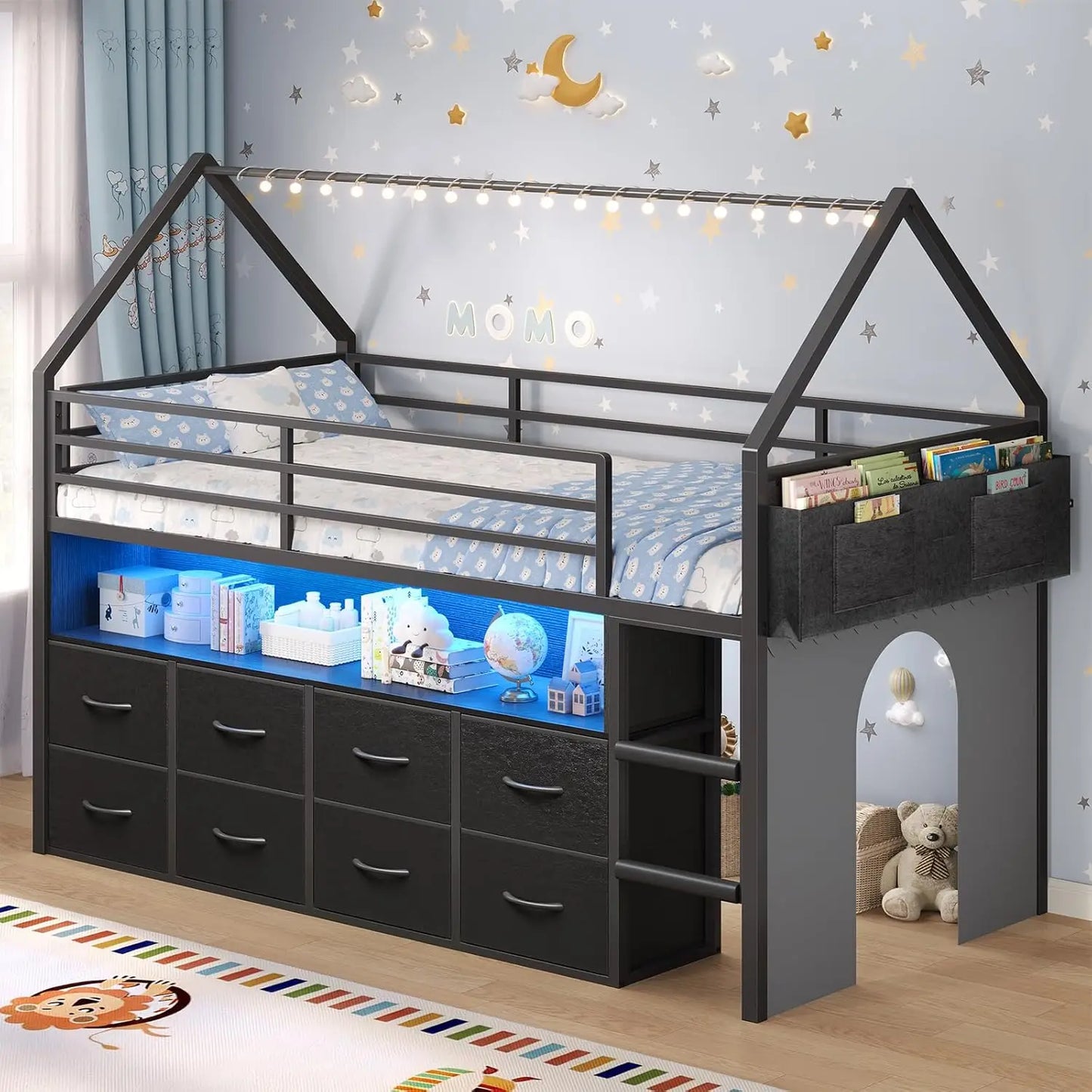 Loft Bed For Kids With Storage Drawers And LED Lights