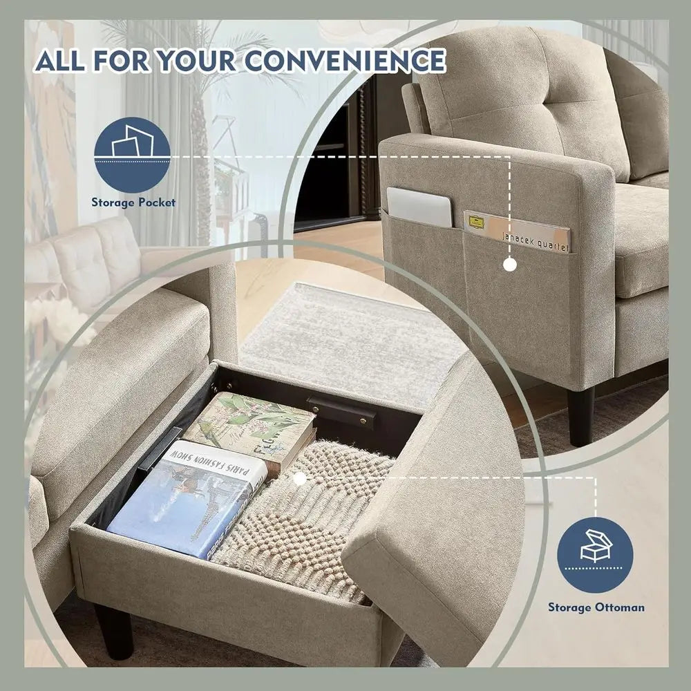 Convertible L Shaped Sectional Sofa With Reversible Storage Chaise
