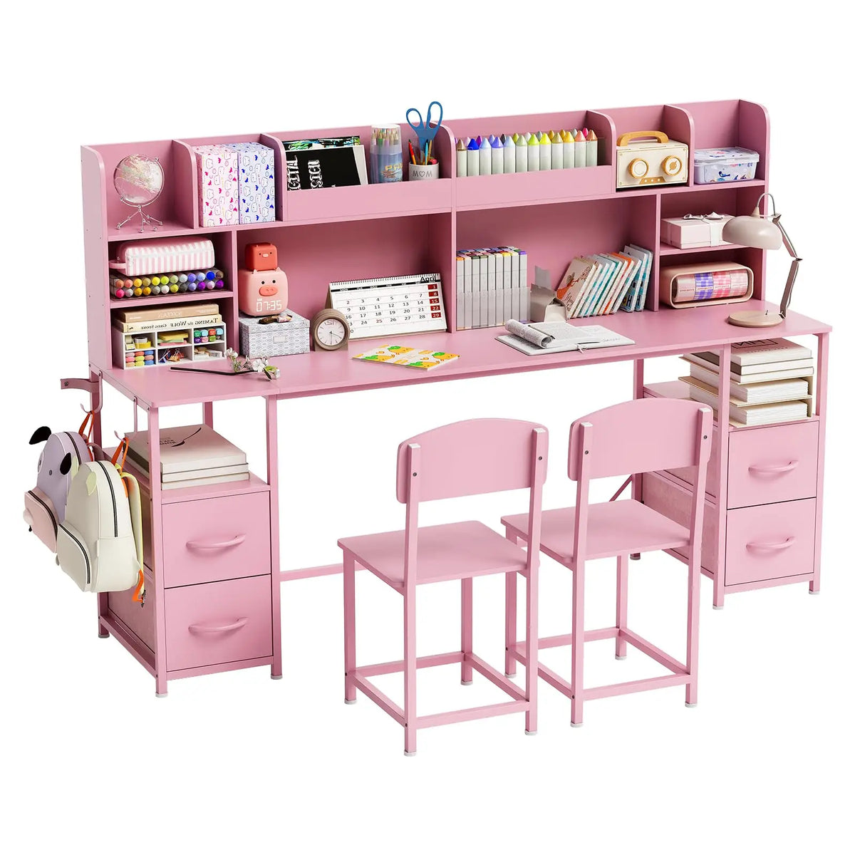 HiMISS Double Kids Desk And Chair Set With Hutch Storage