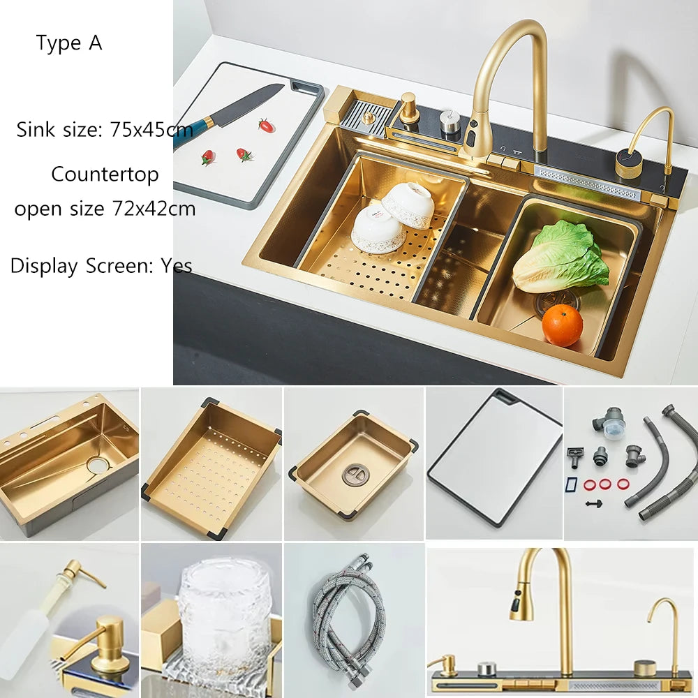 Brushed Golden Smart Digital Display Kitchen Sink Set With Waterfall Faucet