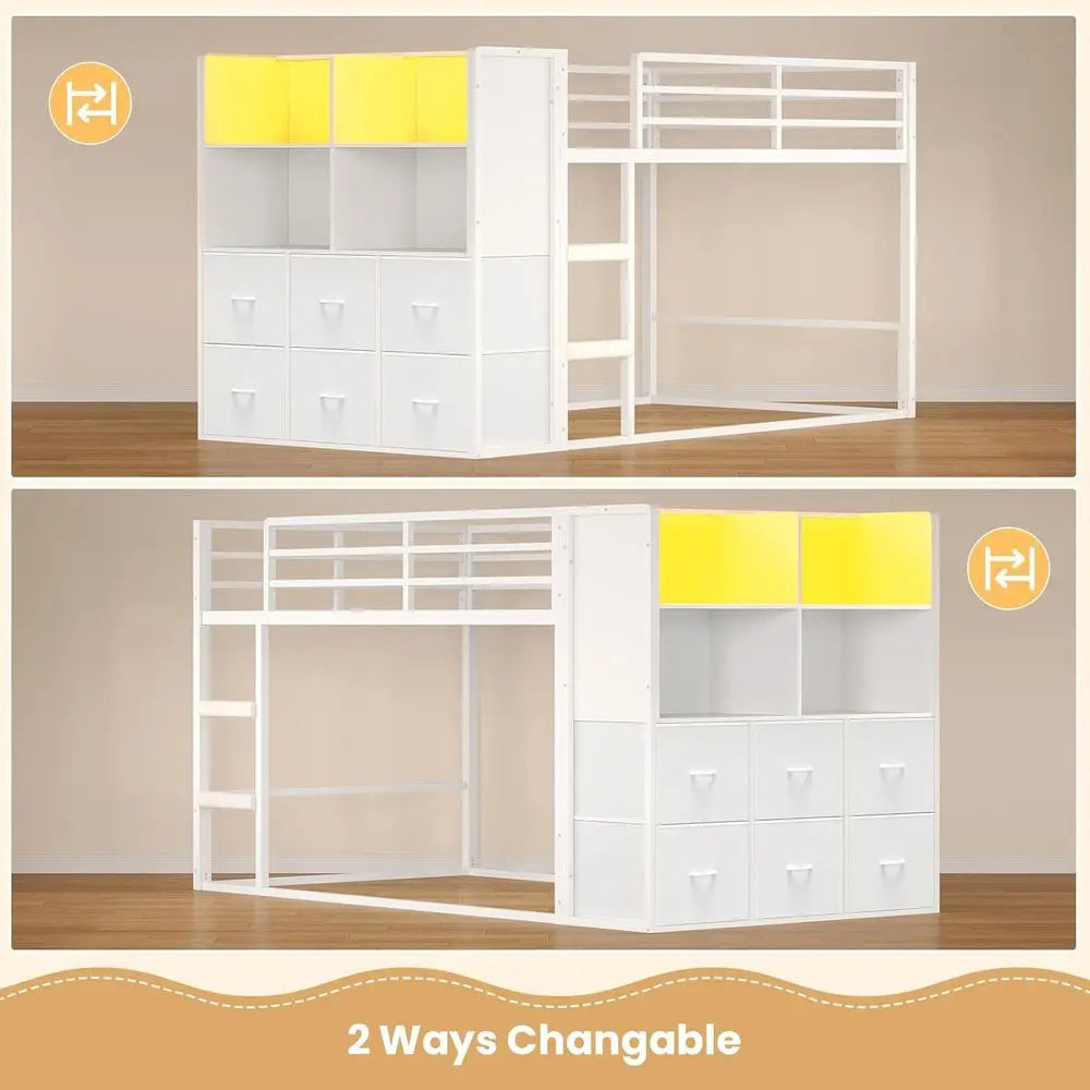 Twin Over Twin Bunk Bed With Storage Shelves And Led