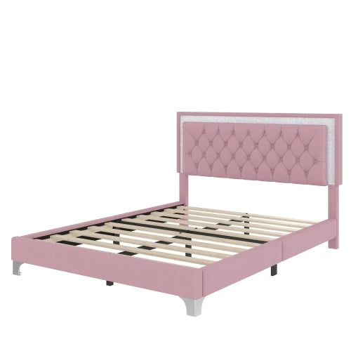 Upholstered Platform Bed With LED Lights And Nightstands