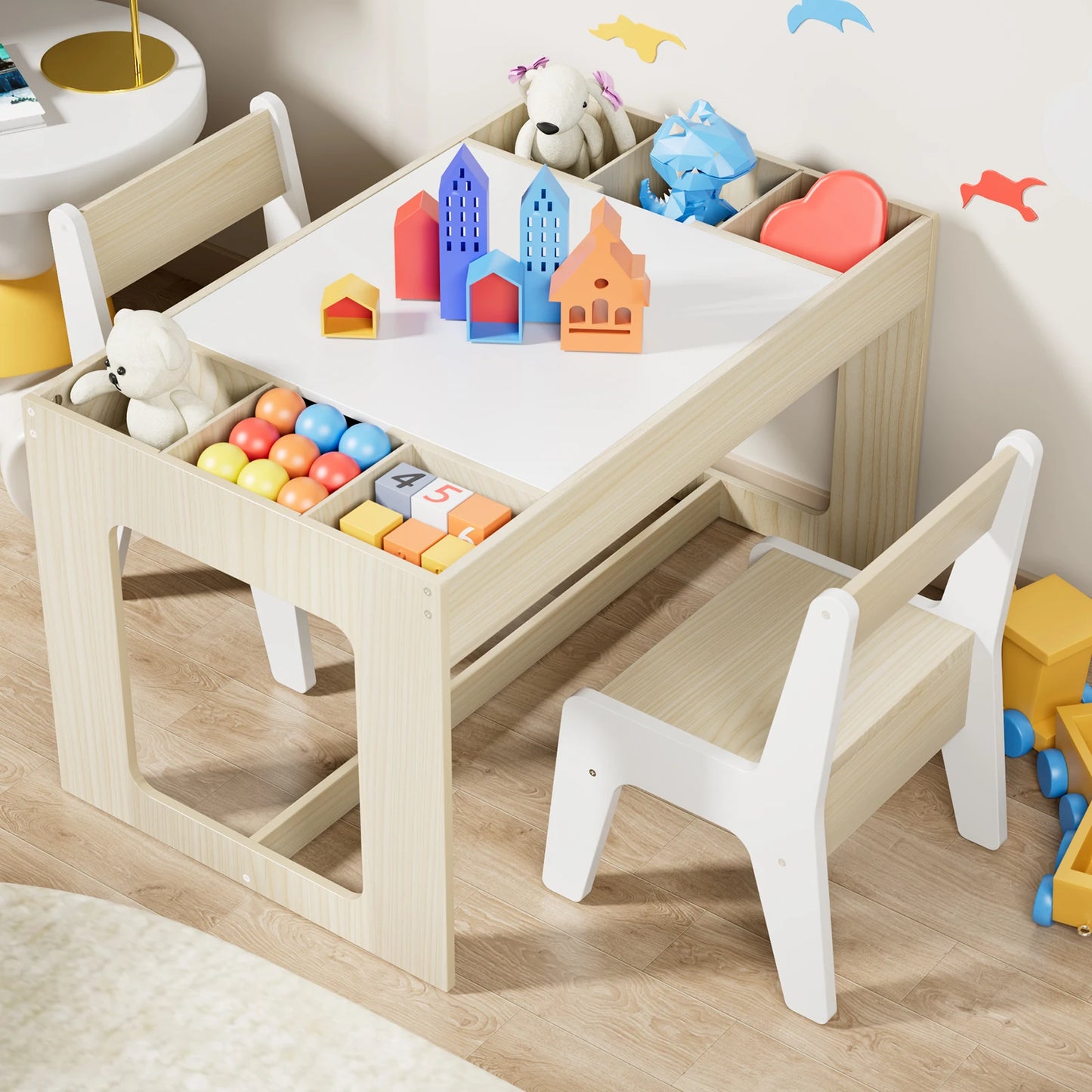 AuAg Wooden Toddler Table And Chairs Set With Storage