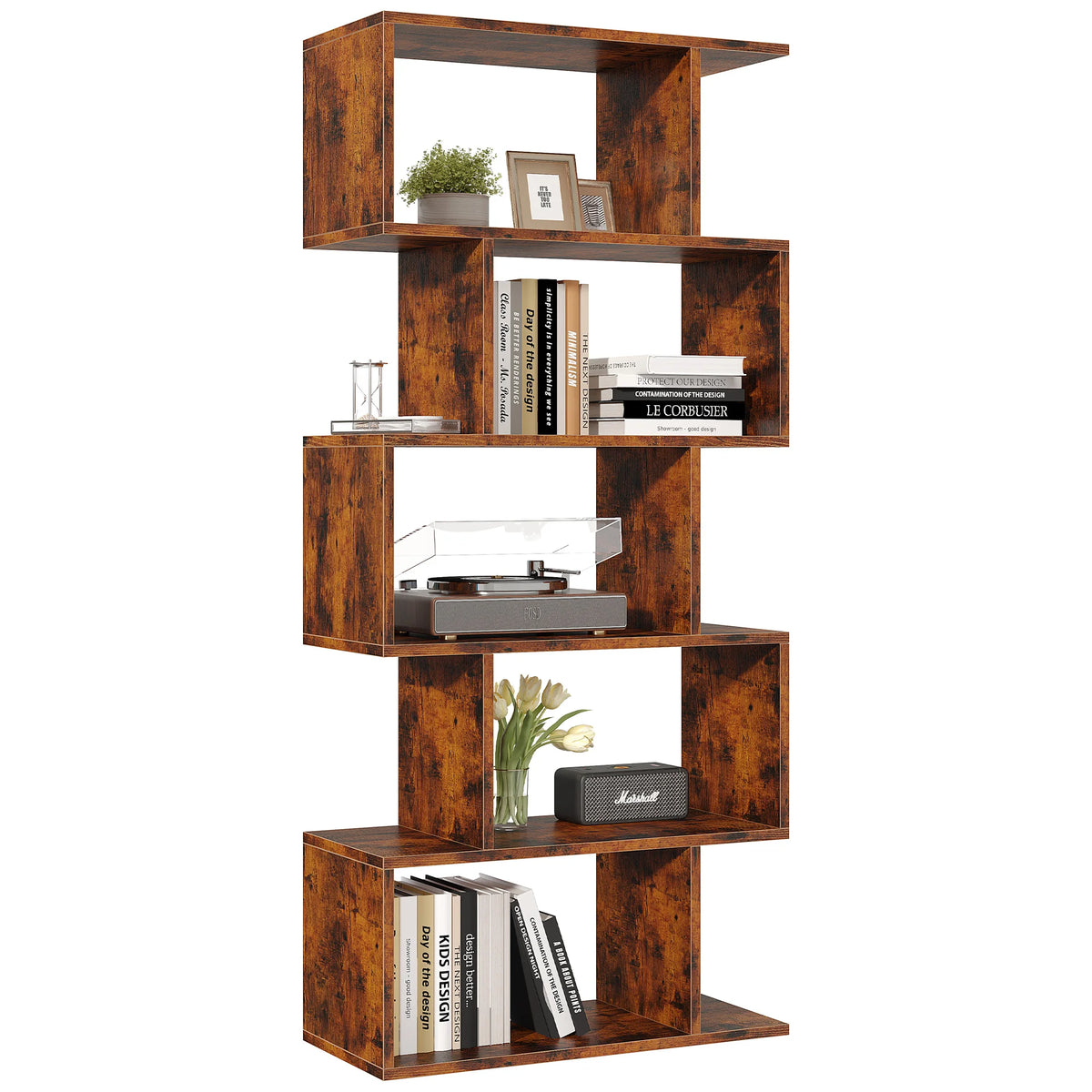 JHK Geometric S Shaped Five Tier Wooden Display Bookshelf
