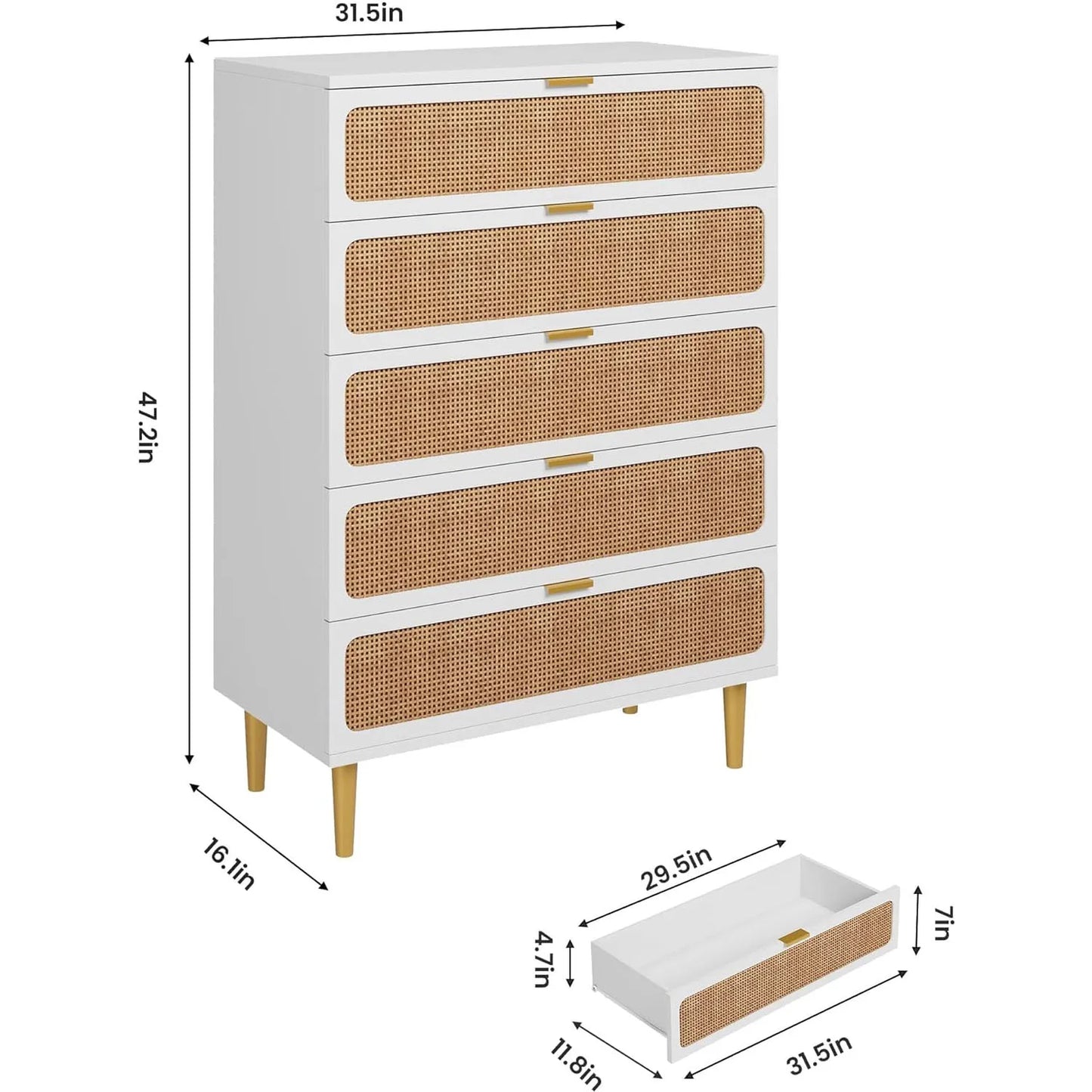Natural Rattan Woven Five Drawer Wooden Bedroom Dresser