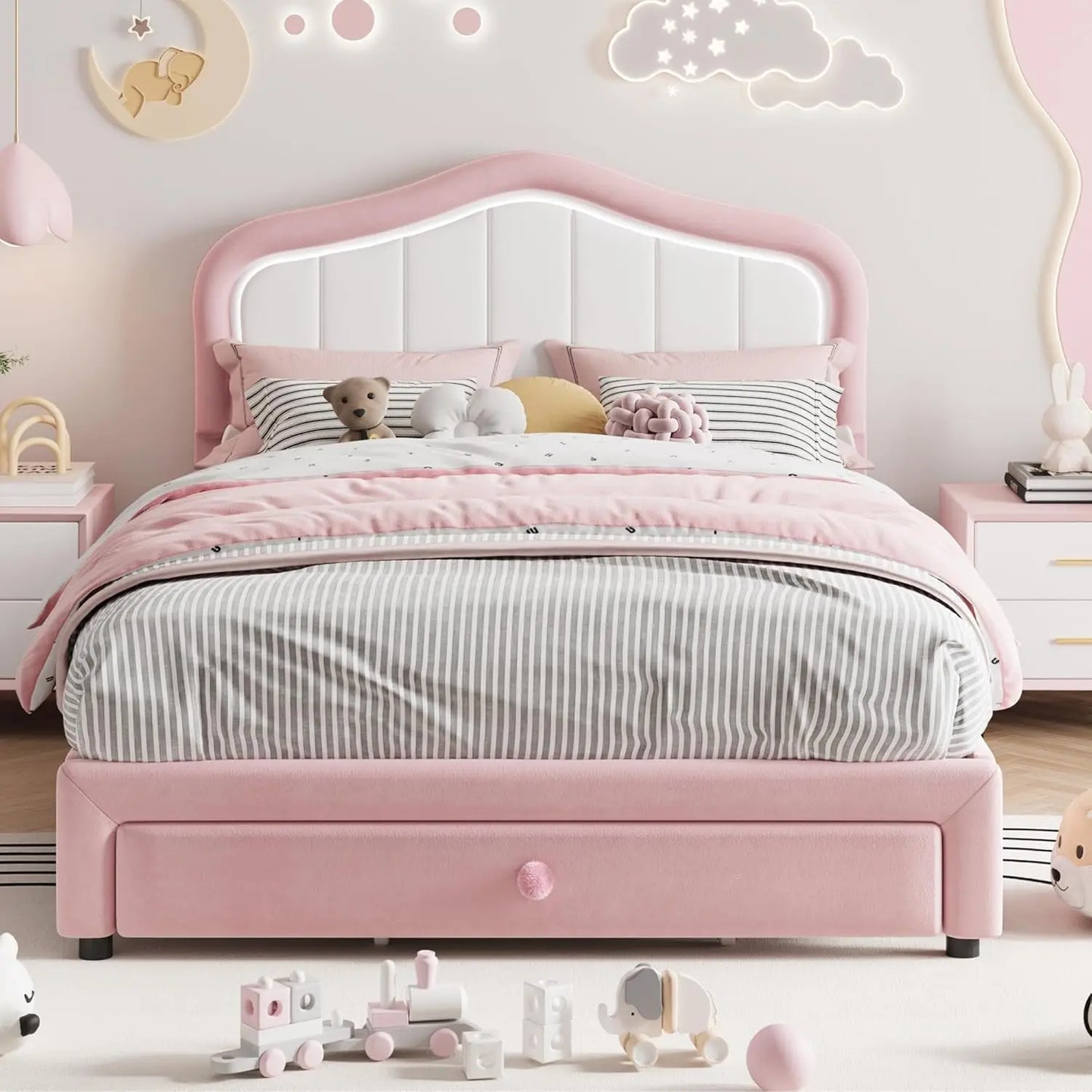 Studyset Kids Velvet Upholstered Bed Frame With LED Crown Headboard