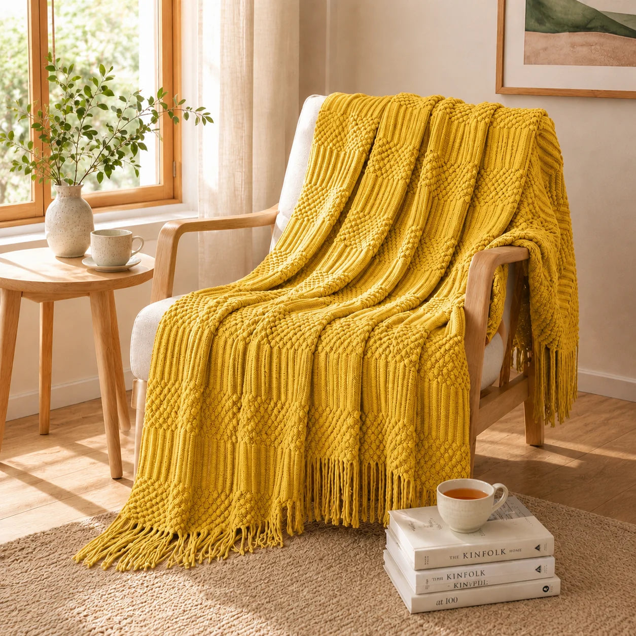 Textured Bobble Diamond Knit Throw Blanket Featuring Tassel Fringe