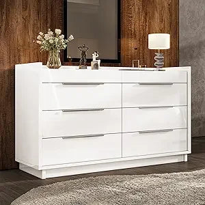Modern High Gloss 8-Drawer Dresser with LED Lighting, Glass Top and 2 Six-Grid Jewelry Drawers