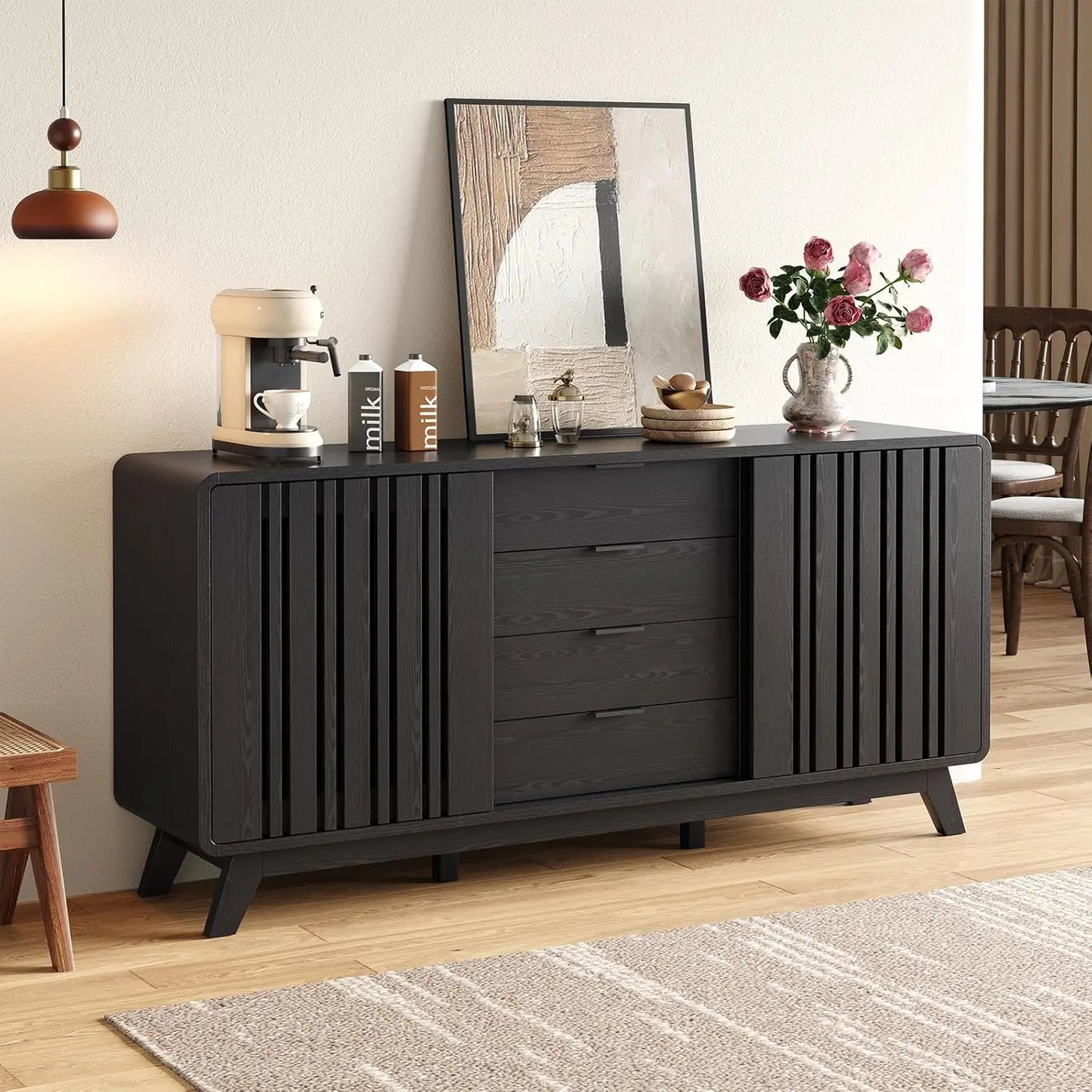 Mid Century Wooden Sideboard Buffet Cabinet With Storage Drawers