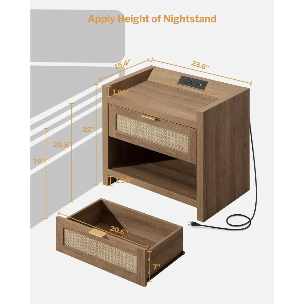 RBXC Rattan Nightstand Set Of 2 With Type C Charging