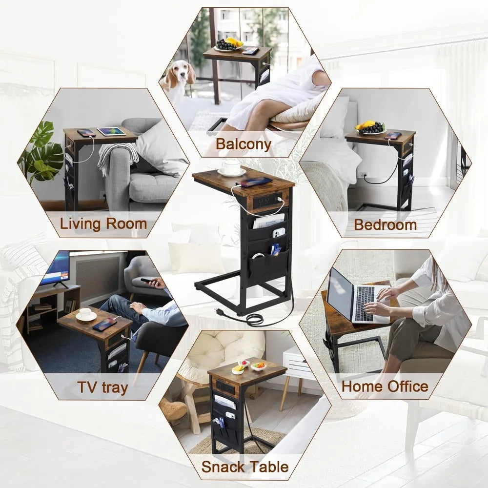 XIUWO C Shaped End Table With Charging Station Storage
