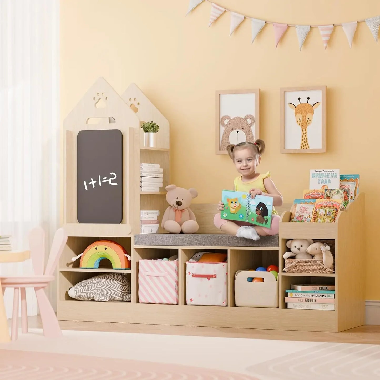 Kids Bookshelf With Reading Nook And Chalkboard Bench