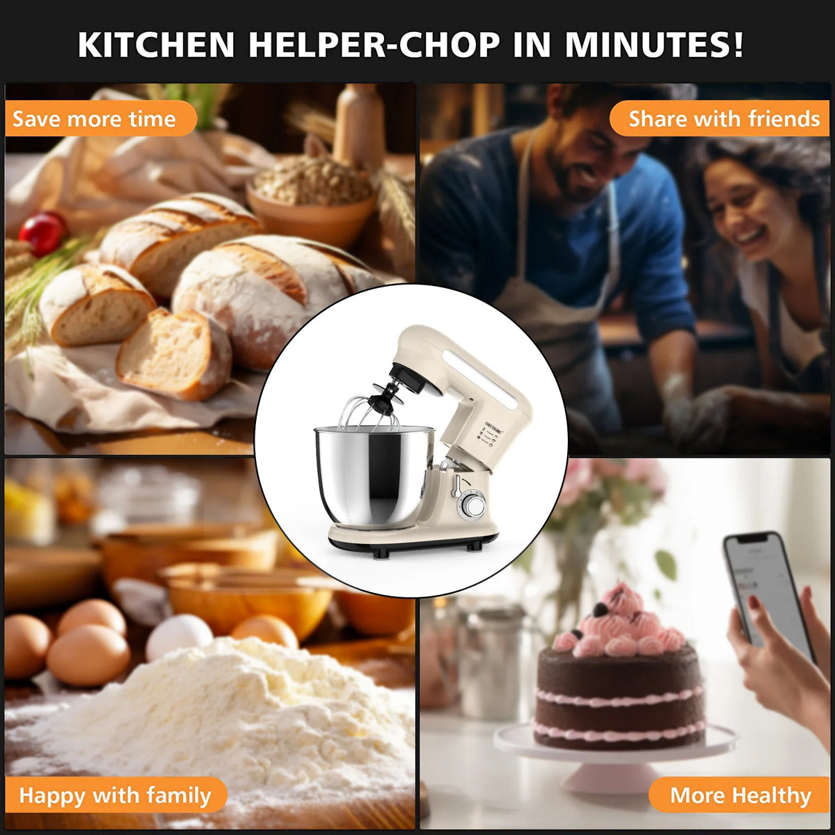 Cheftronic Tilt Head Electric Stand Mixer With Dough Hook Attachments