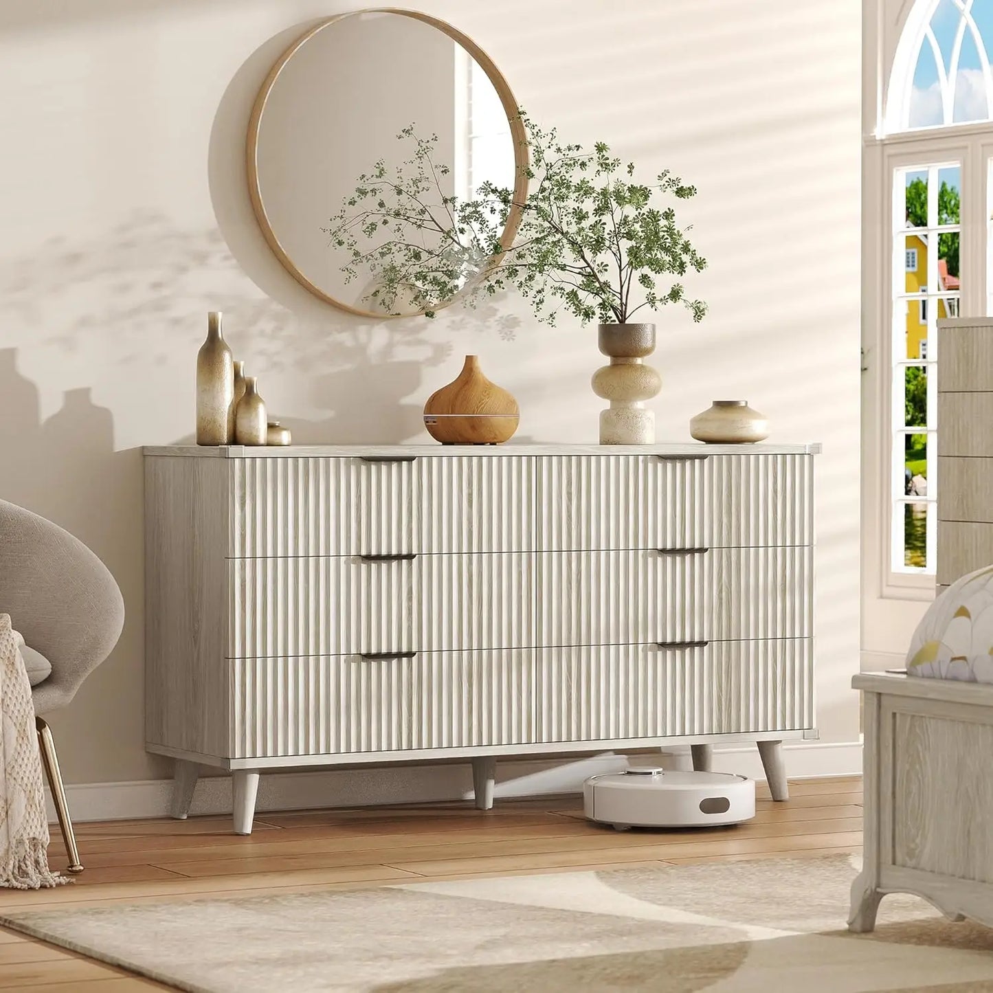 Wood Dresser for Bedroom Fluted Modern Chest of Drawers 6 Drawers