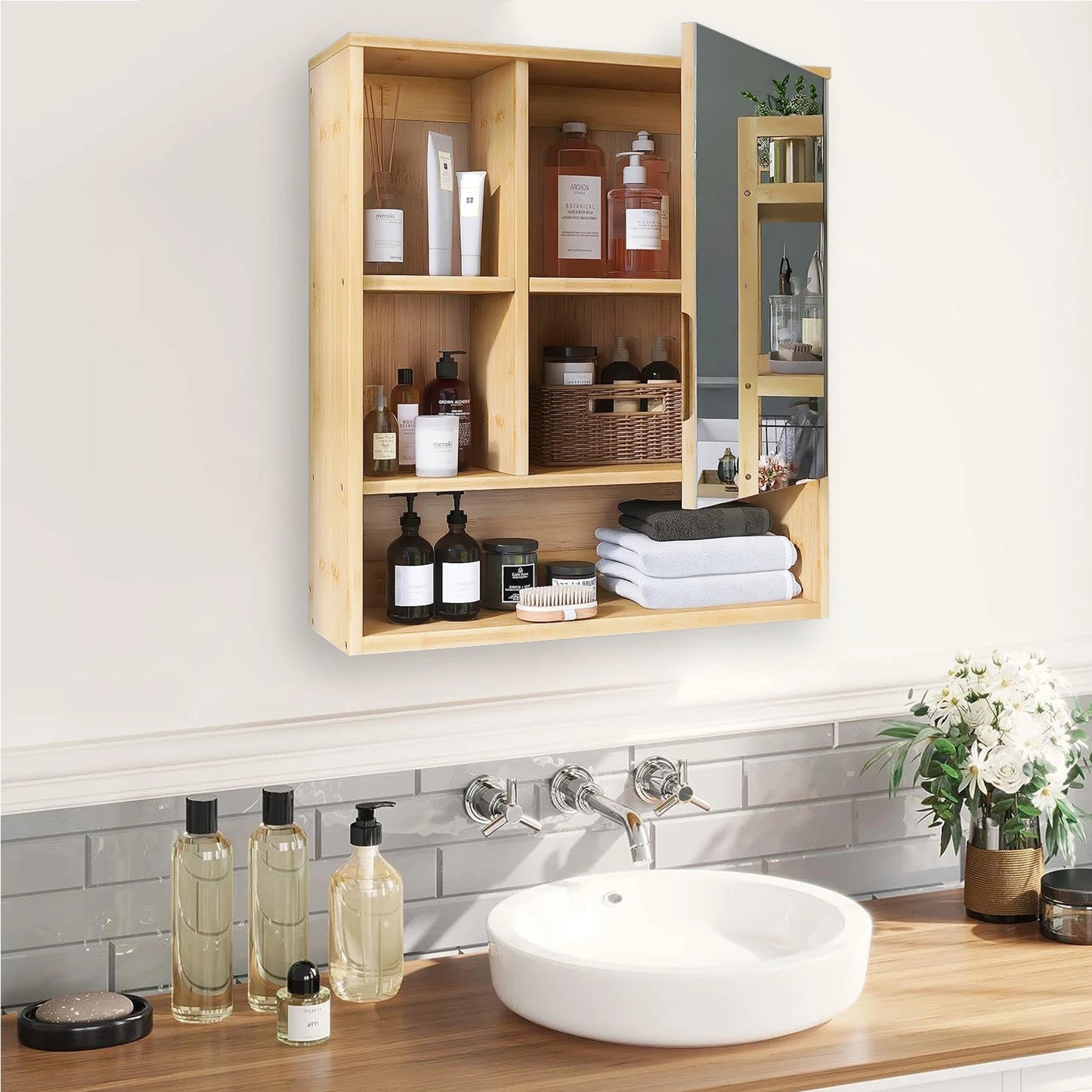 Wisfor Bamboo Bathroom Cabinet With Mirror And Medicine Storage