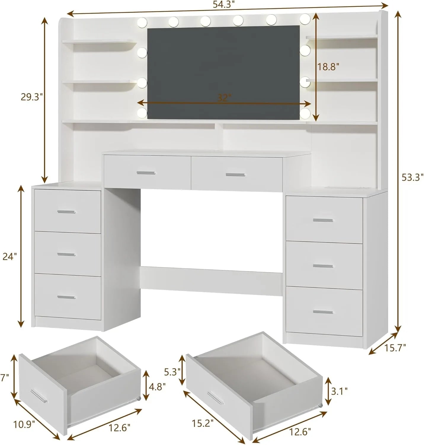 Makeup Vanity Desk With LED Mirror And 8 Drawers Vanity Set