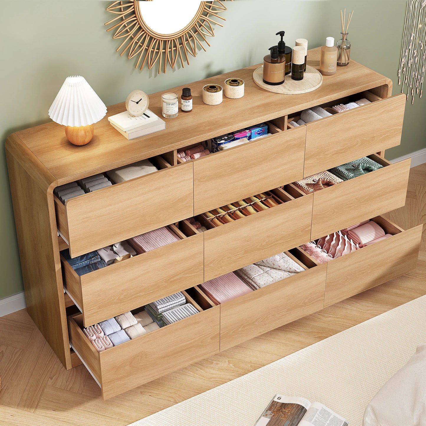 Wood 9 Drawer Dresser For Bedroom With Curved Profile Design