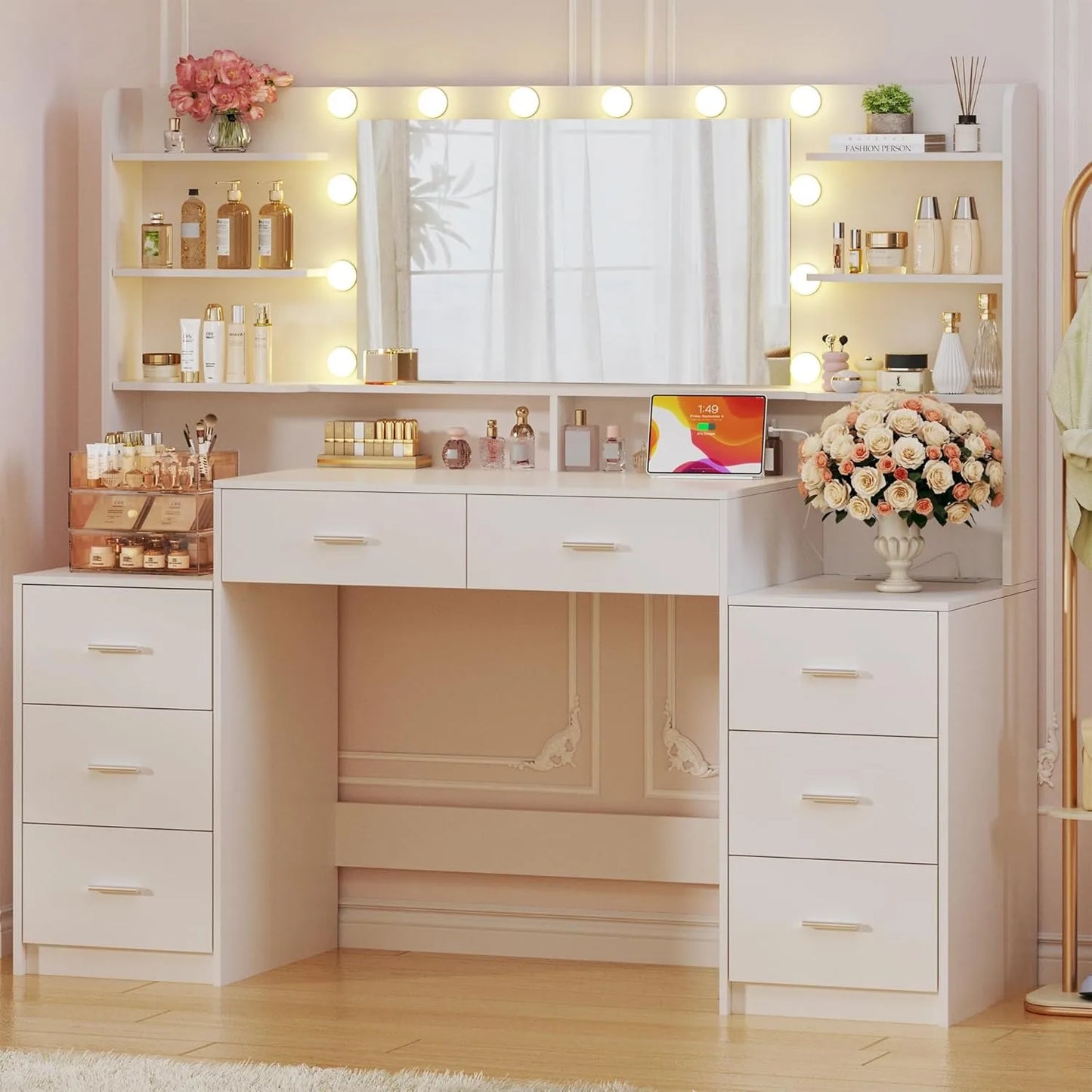 Makeup Vanity Desk With LED Mirror And 8 Drawers Vanity Set