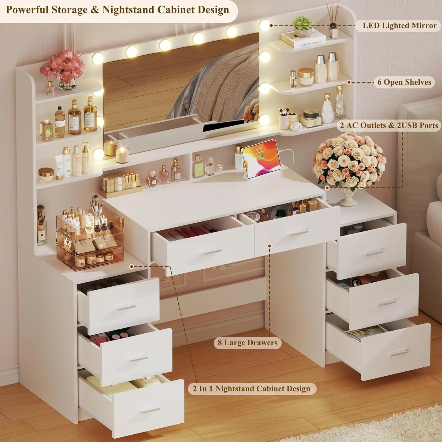 Makeup Vanity Desk With LED Mirror And 8 Drawers Vanity Set