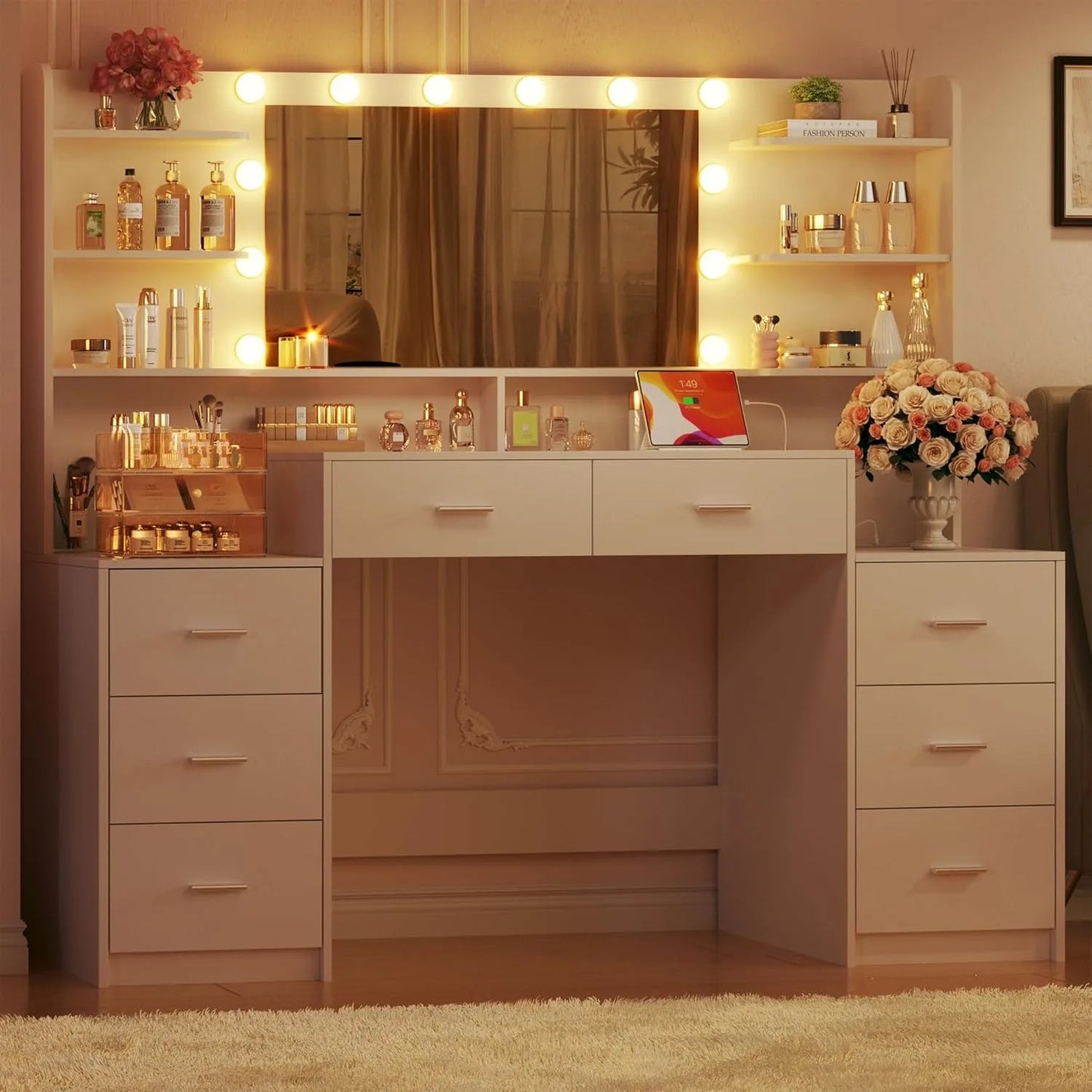 Makeup Vanity Desk With LED Mirror And 8 Drawers Vanity Set
