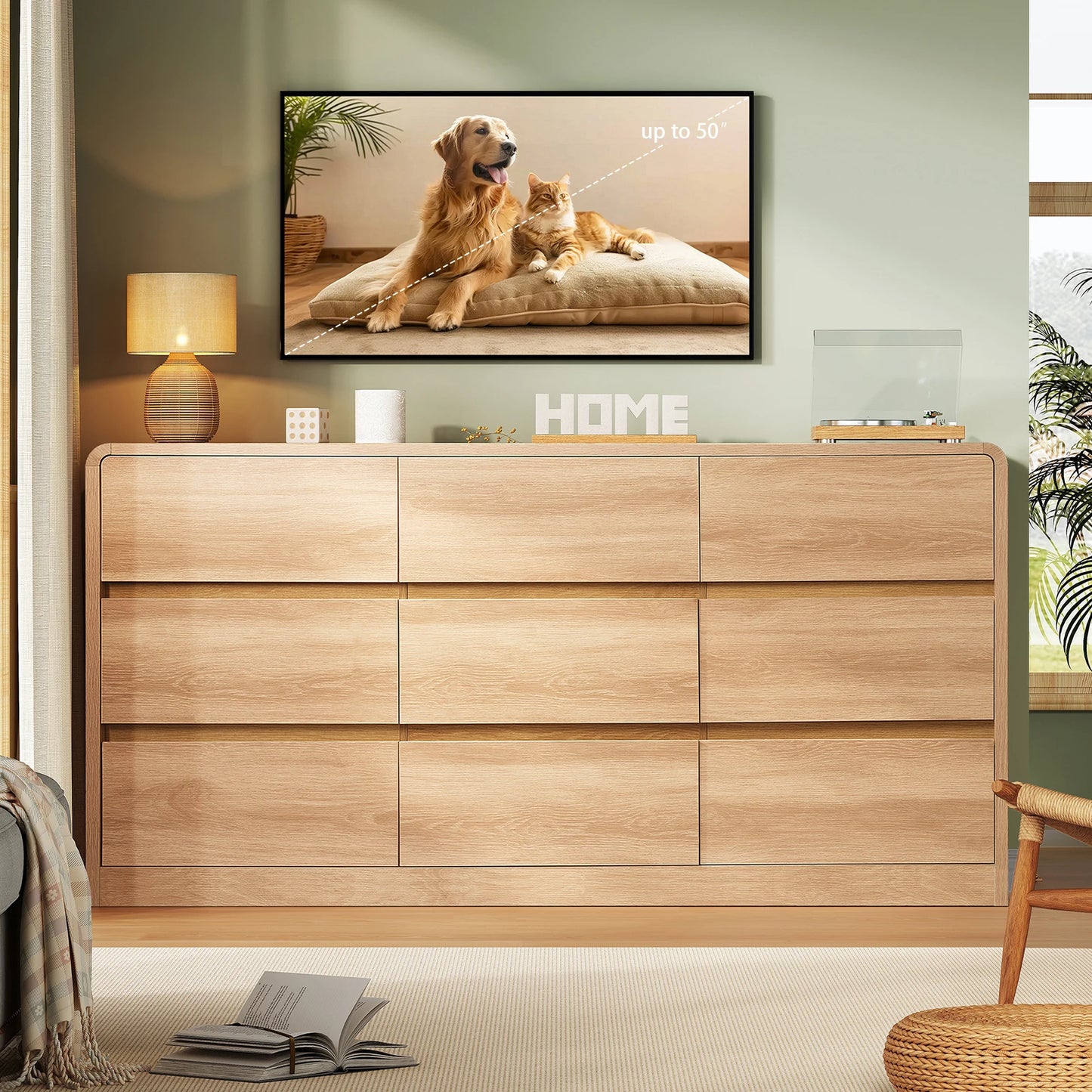 Wood 9 Drawer Dresser For Bedroom With Curved Profile Design