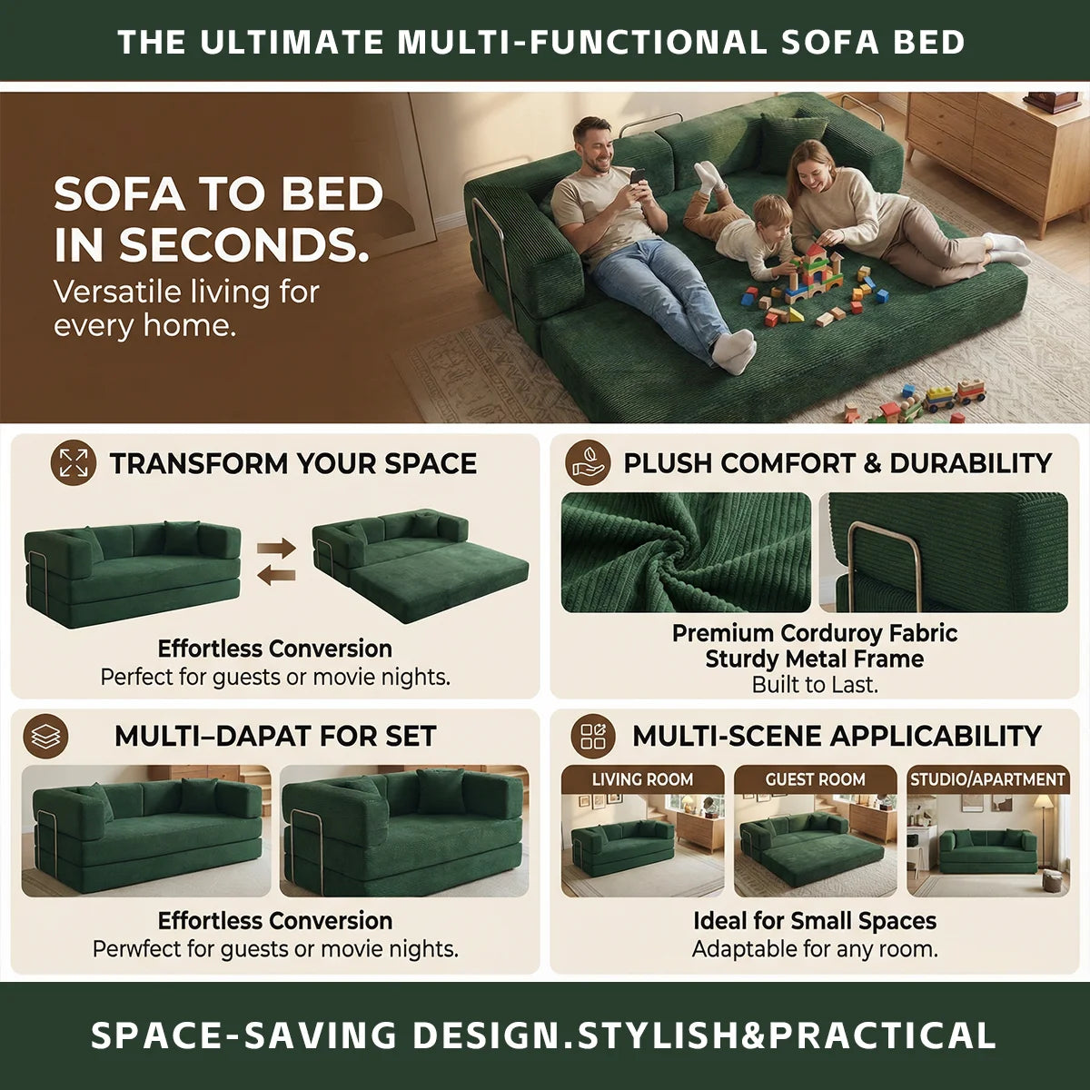 YQzyphyna Futon Sofa Bed 4 In 1 Convertible Couch Unit