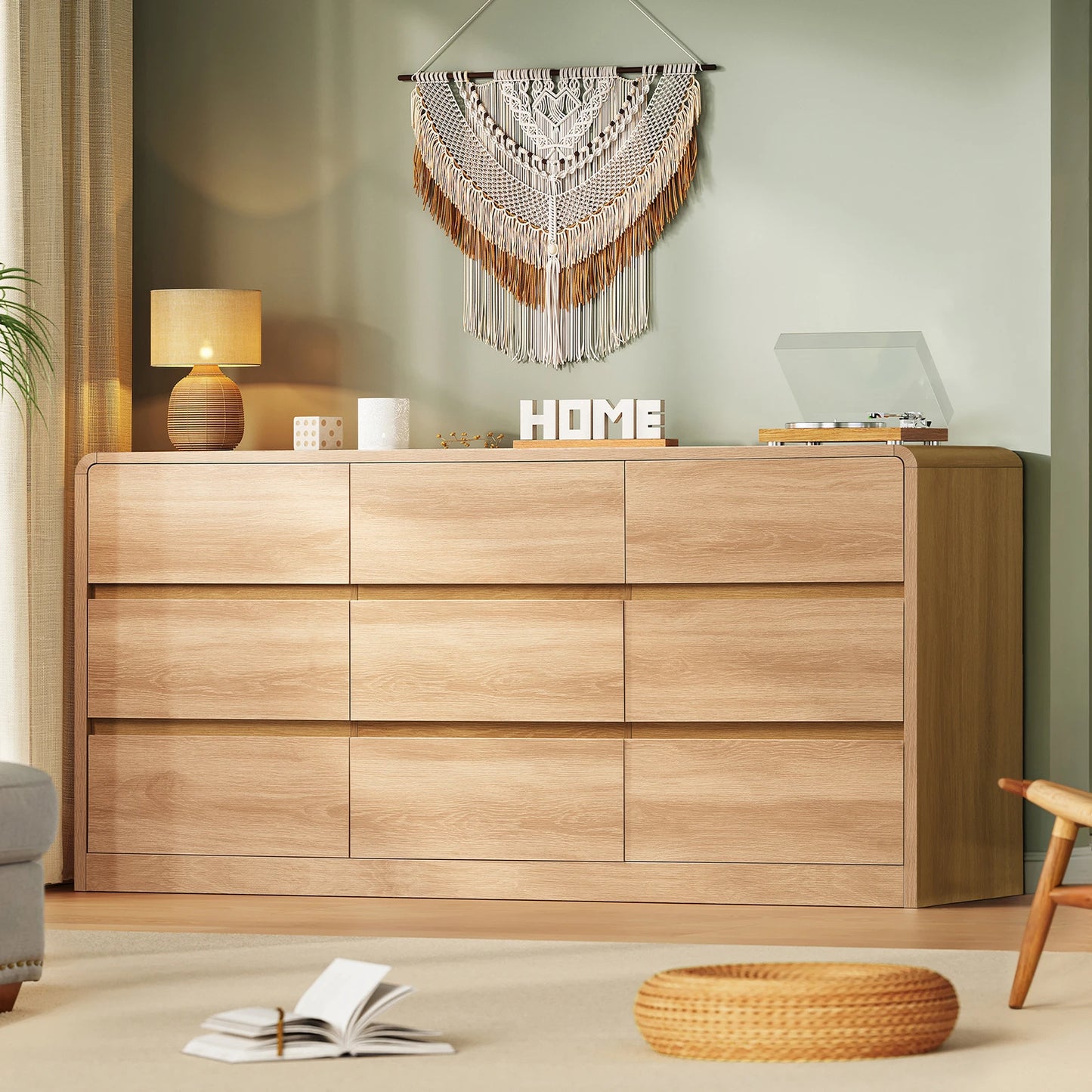 Wood 9 Drawer Dresser For Bedroom With Curved Profile Design