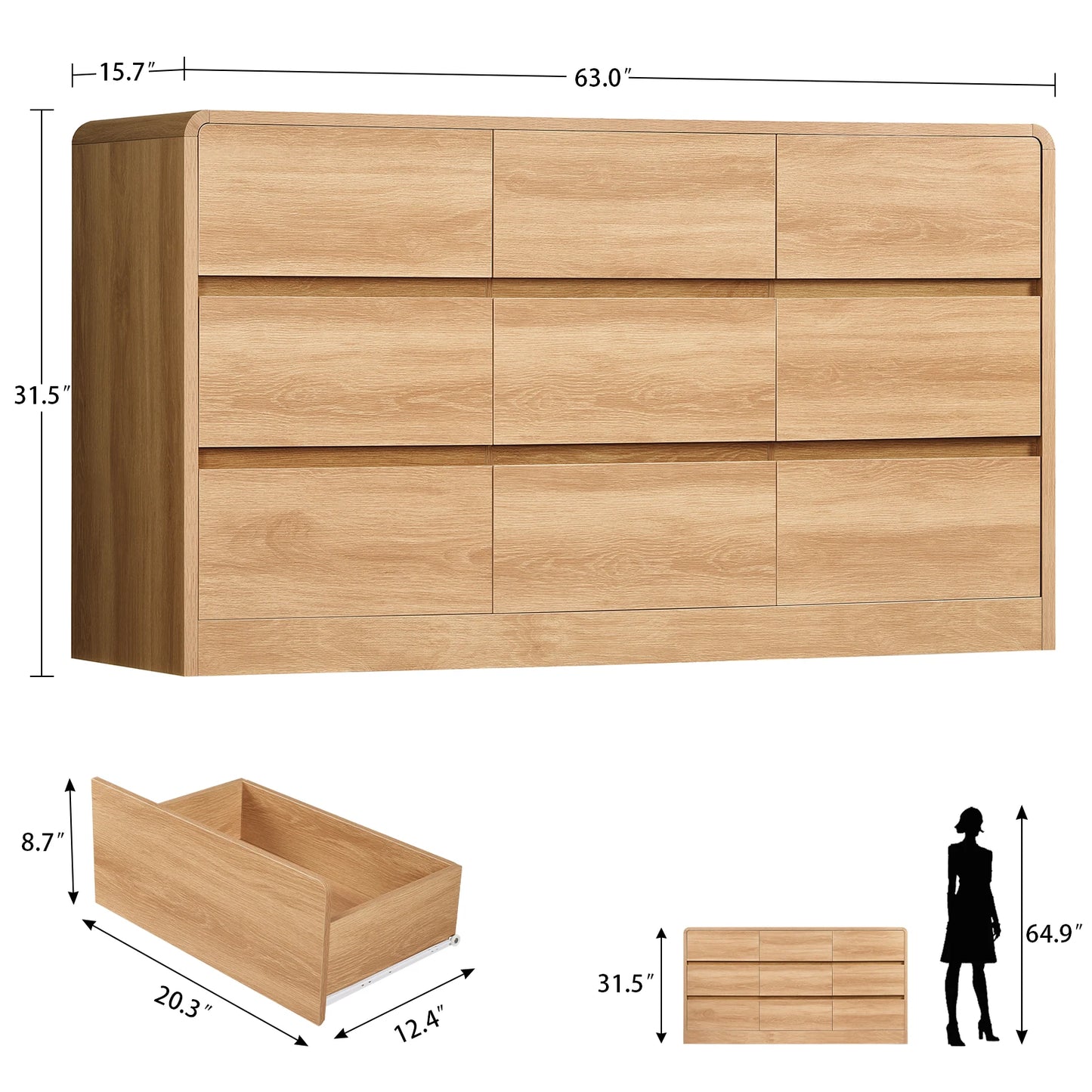 Wood 9 Drawer Dresser For Bedroom With Curved Profile Design