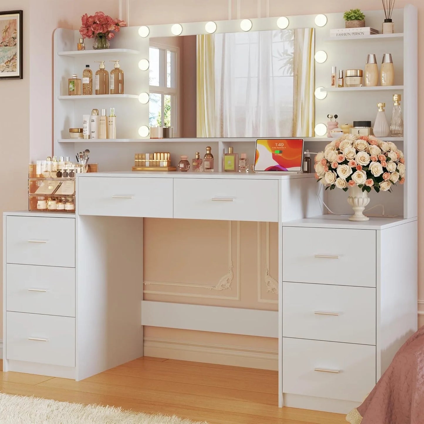 Makeup Vanity Desk With LED Mirror And 8 Drawers Vanity Set