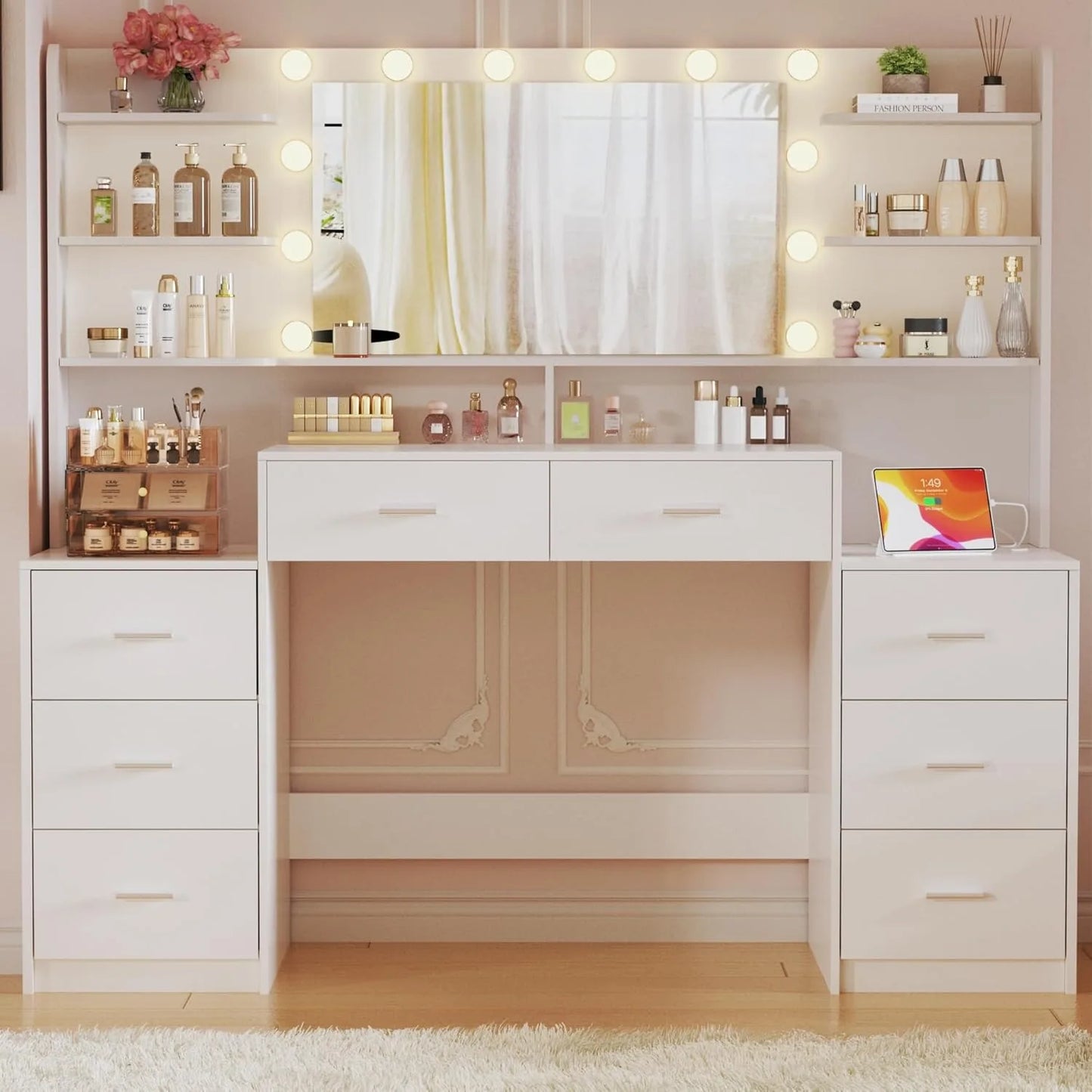 Makeup Vanity Desk With LED Mirror And 8 Drawers Vanity Set