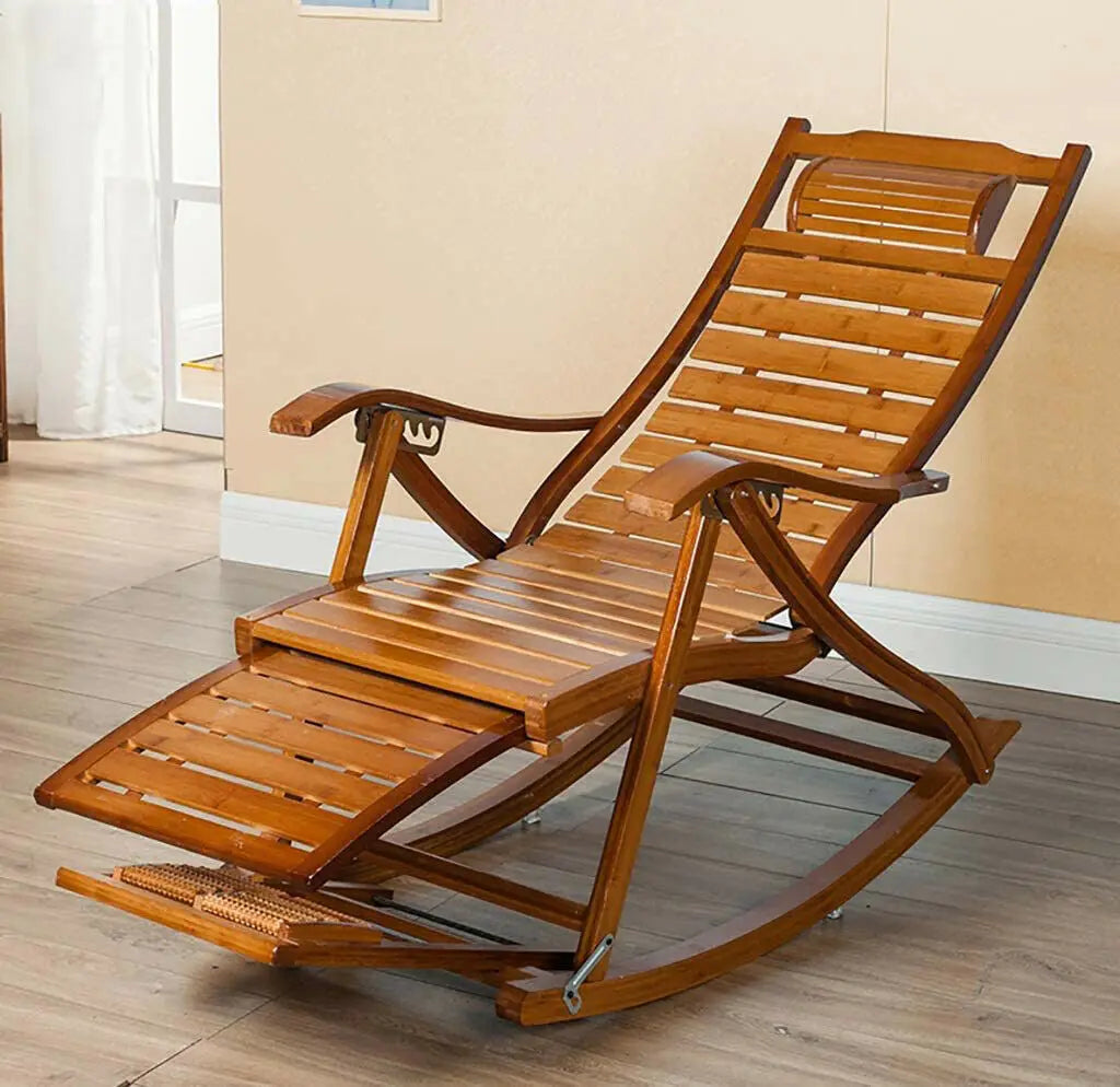 BINGOPAW Heavy Duty Bamboo Rocking Chair Adjustable Recliner