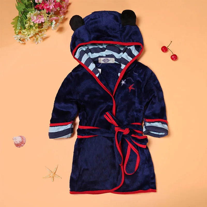 Cartoon Print Soft Fleece Kids Bathrobe Warm Unisex Sleepwear